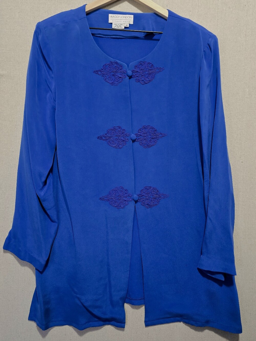 Maggy London Silk Jacket 16 Cobalt Blue Frog Closure